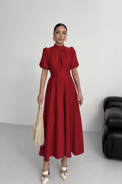 ALFUDO Moda Collection Nil Navy Blue Flared Skirt Short Sleeve Midi Length Satin Evening Dress Red