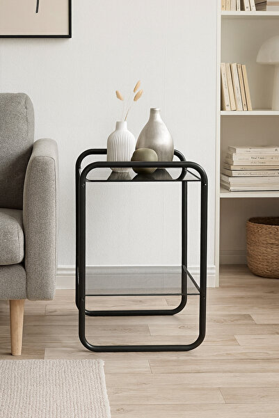 DEKOPRATİK Odessa Yan Sehpa - Siyah Metal Modern Yan Sehpa Füme Camlı – Şık Salon Sehpası