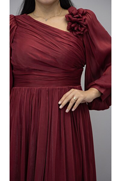 CAREZZA Florenza – Volan Etekli Çiçek Aplikeli Abiye - Bordo