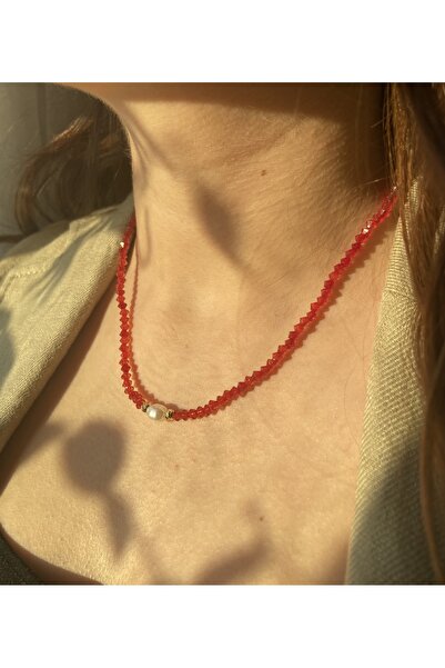 Anetta Jewelry Kadın tasarım kırmızı swaroski taşlı inci detay kolye (kapama ...