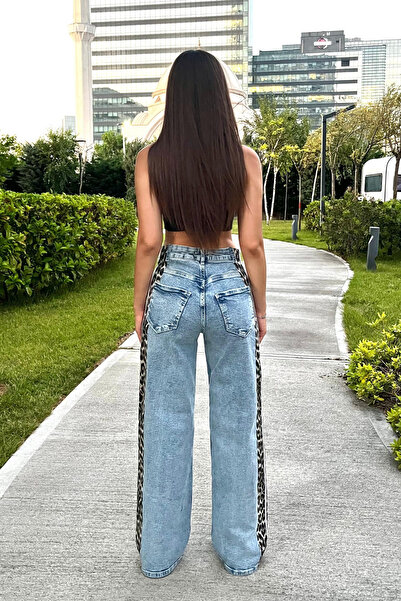 BİKELİFE Kadın Yüksek Bel Mavi Leopar Desenli Yanı Şeritli Wide Leg Jean