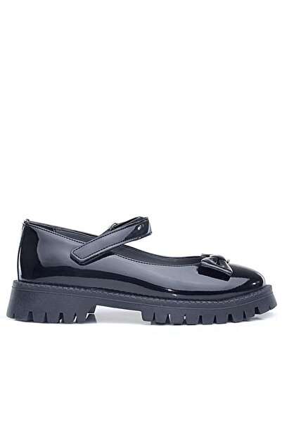Rakerplus Black Patent Leather Thick Soled Velcro Girls' Ballerinas