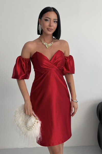 ALFUDO Moda Collection Bandeau Balon Sleeve Bodycon Mini Evening Dress Red Dress