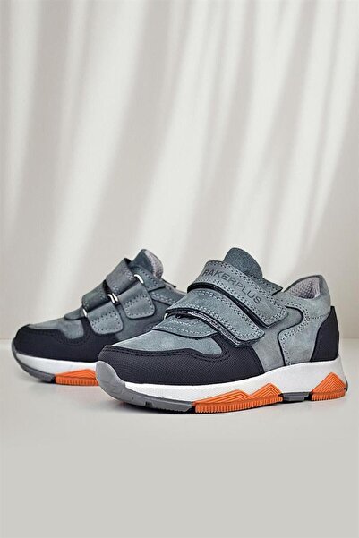 Rakerplus Genuine Leather Dark Gray Kids Velcro Sneakers Sports Shoes