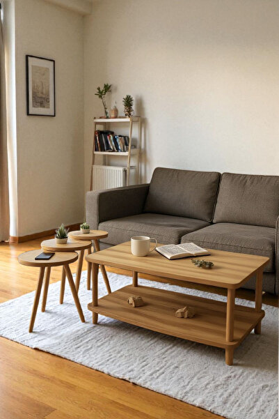 HESA ORTA SEHPA YAN SEHPA ZİGON SEHPA TAKIMLI AHŞAP AYAKLI ATLANTİK ÇAM DESENLİ