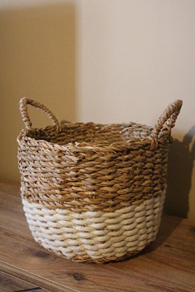 Paganca Χειρολαβή Παχύ Πλεκτό Κάτω Μέρος Κρεμ Ριγέ Ψάθινο Καλάθι Μεσαίου μεγέ...