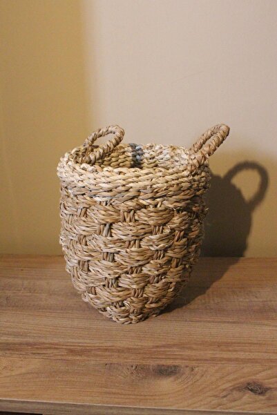 Paganca سلة من القش ذات مقاس صغير ومقبض سميك وجزء علوي مخطط باللون الكريمي