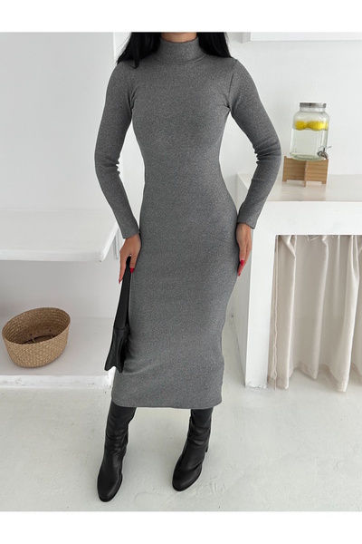 MaxiMor Rochie maxi din material gri argintiu, cu guler și lungime de 135 cm, potrivită pentru ținutele Tessetür