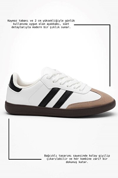 Nstil Women's White Black Lace-Up Lightweight Non-Slip Sole Soft Suede Detailed Casual Shoes 341