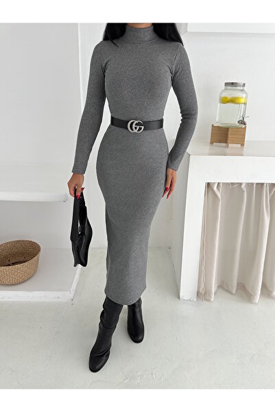 MaxiMor Rochie de damă din țesătură camisole de culoare gri cu gât rochie cu mâneci lungi Lungime 135 cm