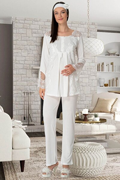 Mecit Pijama Mecit 5015 Dantelli Ekru Lohusa Pjama Takımı
