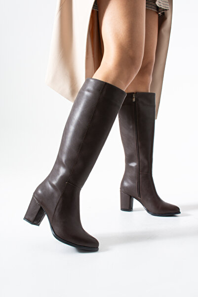 talusshoes Hořkohnědé kožené dámské boty na podpatku s bočním zipem pro každodenní nošení (7 cm) Průměr lýtek: 39 cm Kleo