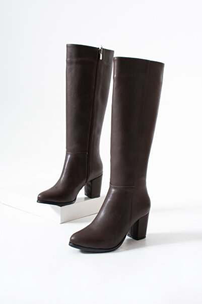 talusshoes Hořkohnědé kožené dámské boty na podpatku s bočním zipem pro každodenní nošení (7 cm) Průměr lýtek: 39 cm Kleo