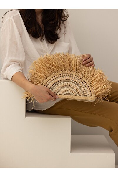 Maison Avf Fan Model Raffia and Bead Detailed Portfolio Bag