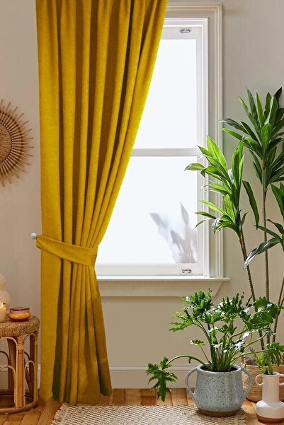 home color home Μουστάρδα κίτρινη κηρήθρα βελούδινη υφή κουρτίνα φόντου Απλό ραμμένο έξτρα κορδόνι