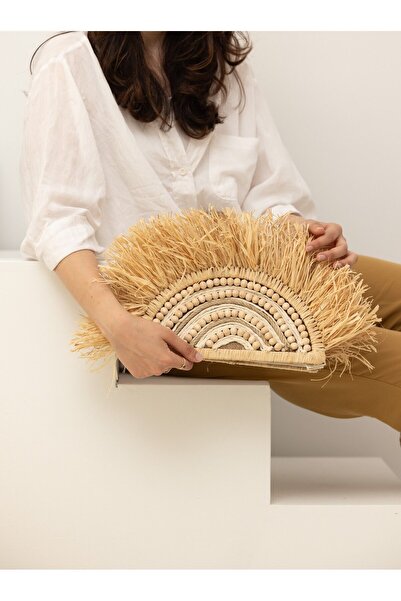 Maison Avf Fan Model Raffia and Bead Detailed Portfolio Bag