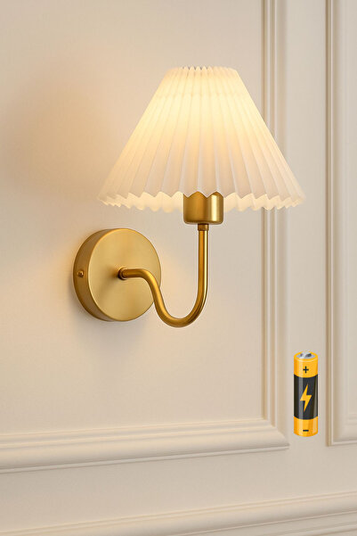 Fico Home Pilli Aplik Kablosuz Tak Çalıştır  Krem Abajur Umbrella Aplik Eskitme Gold Sarı 1 Adet