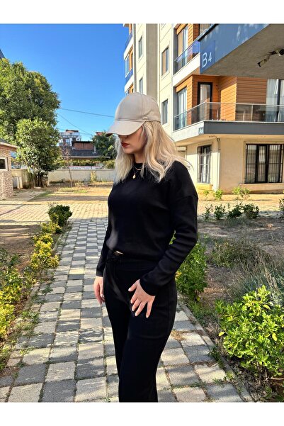 Store Women's Plain Black Corded Fabric Bottom-Top Set