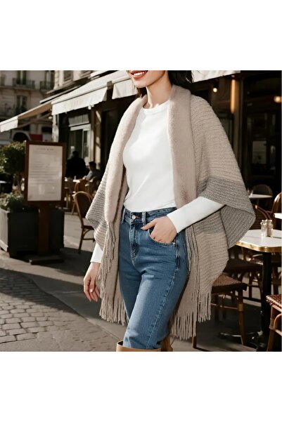 STS Women's Winter Knitted Faux Wool Shawl, Multicolored Pattern with Faux Fur Collar and Fringe Edges -