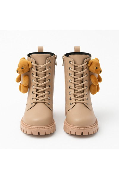 Zilvana Ortopedik Ayıcık Detaylı Krem Çocuk Bot Bağcıklı Kalın Taban Kaymaz Bilek Boy Çocuk Bot