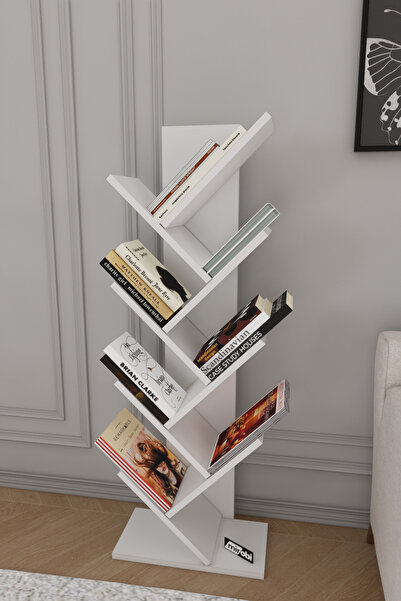 Mirobi Dria Ağaç Kitaplık Dekoratif Kitaplık Raf Düzenleyici Kitap Rafı Beyaz