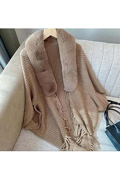 STS Women's Winter Knitted Faux Wool Shawl, Multicolored Pattern with Faux Fur Collar and Fringe Edges -