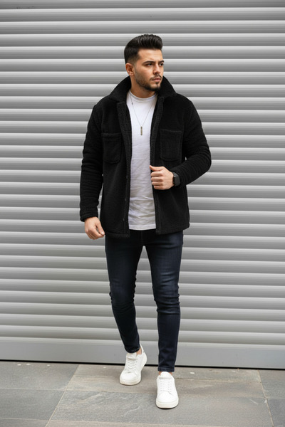 modasende Unisex Normal Kalıp Cep Detaylı Düğmeli Kalın Pelüş Ceket