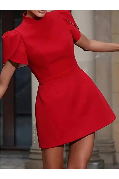 Genel Markalar Kadın Kısa Kollu Balıkçı Yaka Arkadan Kelebek Dekolte Detaylı Kısa Atlas Elbise