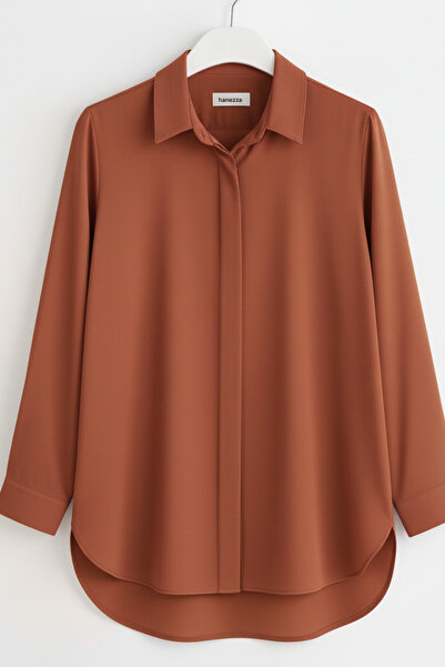 Hanezza Büyük Beden Klasik Jessica Kumaş Gömlek – Düz Kesim, Uzun Kol / TerraCotta