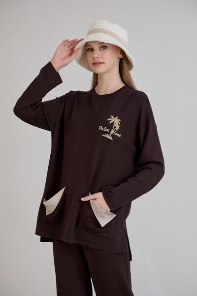 Sortie Women's Pockets Leather Paneled Chest Printed Crew Neck Brown Tunic