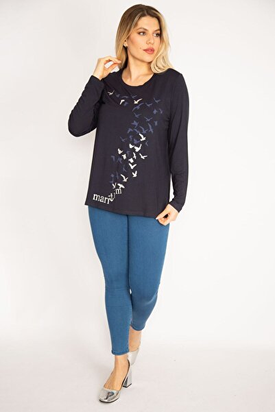 Şans Women's Large Size Navy Blue Print Detailed Viscose Blouse 65n30457