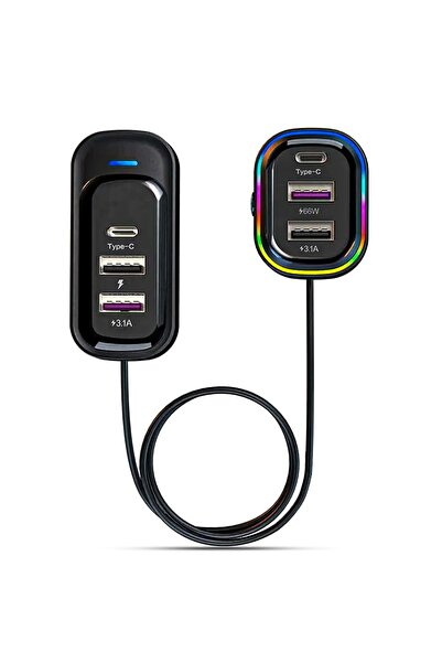 Timebox Încărcător auto 66W Încărcare super rapidă 6 în 1 USB-C cu lumini LED...