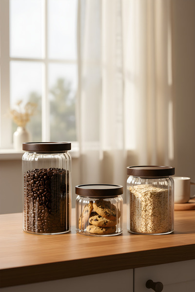 Suo Home Akasya Noir 3’lü Çizgili Cam Kavanoz Seti (650 – 1100 – 1500 ml) – S...