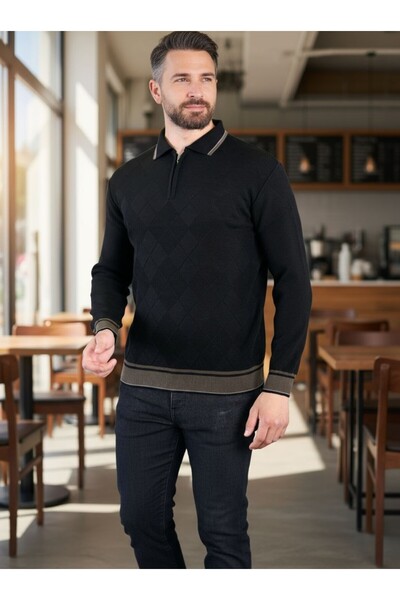 Kamalı Черен мъжки зимен пуловер с текстурирана яка от стоманена плетка и цип, не се образуват топчета