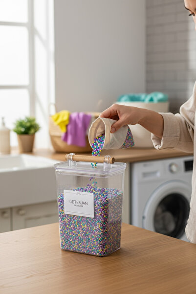 zezedesing Ahşap Kulplu Vakumlu Şeffaf Deterjan Renkliler Kavanozu 2000ML