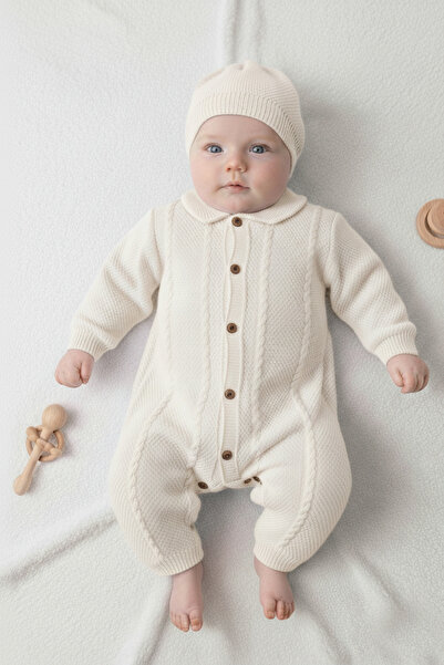Çocuksan Baby&Kids Wear Beyaz Unisex Bebek Tulum Triko Şapkalı Düğmeli Kışlık Uzun Kollu Yenidoğan Örgü Takım