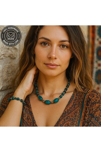 Asteria Elite Green Tiger Eye Green Agate Balance Self-Confidence and Evil Eye Protection Necklace Bracelet Set