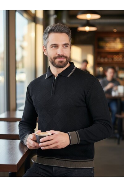 Kamalı Черен мъжки зимен пуловер с текстурирана яка от стоманена плетка и цип, не се образуват топчета