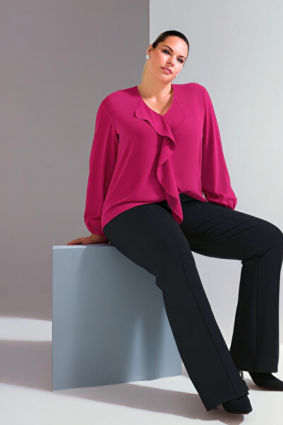 Hanezza Büyük Beden Fırfırlı Jessica Krep Bluz Fuşya, 50-52