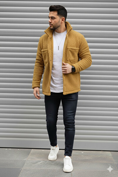 modasende Унисекс яке от камила козина с нормална кройка и джобове, с копчета и дебела плюшена материя