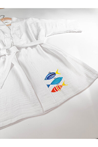 Kidilia Renkli Balıklar Desenli Beyaz Müslin Kimono