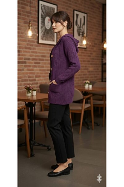 rushana Women's Hooded Long Hair Knit Pocket Buttoned Knitwear Cardigan