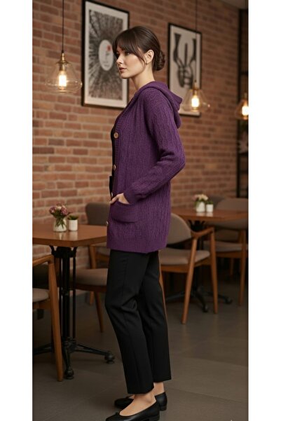 rushana Women's Hooded Long Hair Knit Pocket Buttoned Knitwear Cardigan