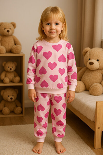 Arya Nisa Kids Момичешки розов комплект пижама с принт на сърца, 100% памук, ...