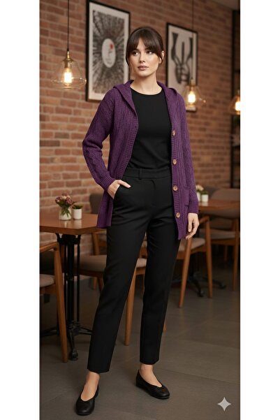 rushana Women's Hooded Long Hair Knit Pocket Buttoned Knitwear Cardigan