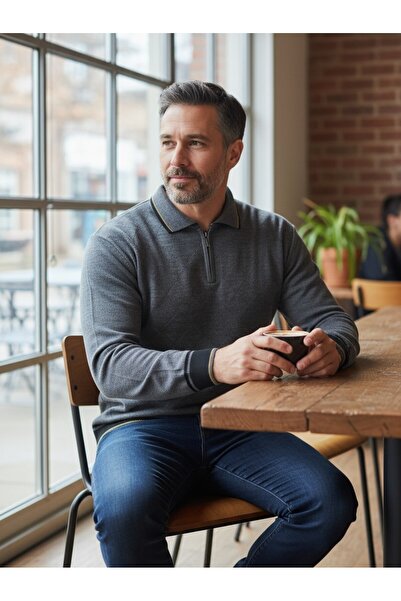 Kamalı Сірий чоловічий трикотажний светр з текстурованою передньою частиною, коміром-поло на блискавці, непихкаючий трикотаж, зимовий светр.