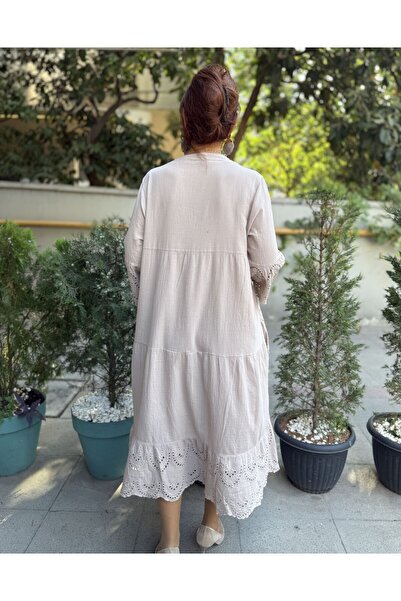 DenizEge Φόρεμα με όλα τα κουμπιά με κέντημα μπεζ