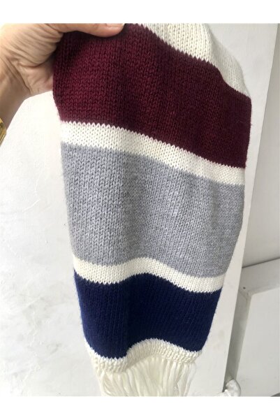 Gözde Tasarım Butik Hand-Knitted Handmade Wool Color-Blocked Tassel Detailed Knit Scarf Shawl