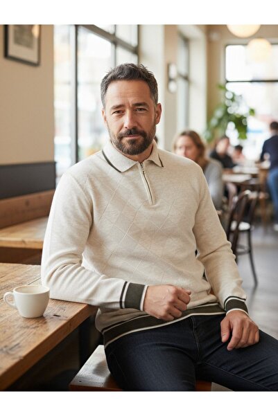 Kamalı Krem Erkek Çelik Örgü Önü Dokulu Gömlek Yaka Fermuarlı Polo Yaka Tüylenmeyen Triko Kışlık Kazak