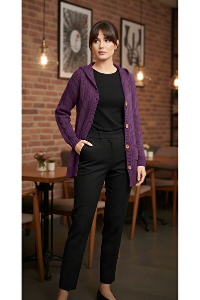 rushana Women's Hooded Long Hair Knit Pocket Buttoned Knitwear Cardigan